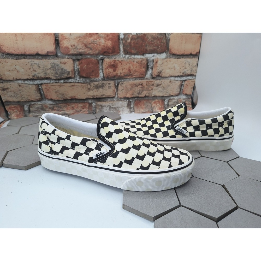 Vans Classic SlipOn Checkerboard Black Antique White Polka Dot Women 7 / Men 5.5